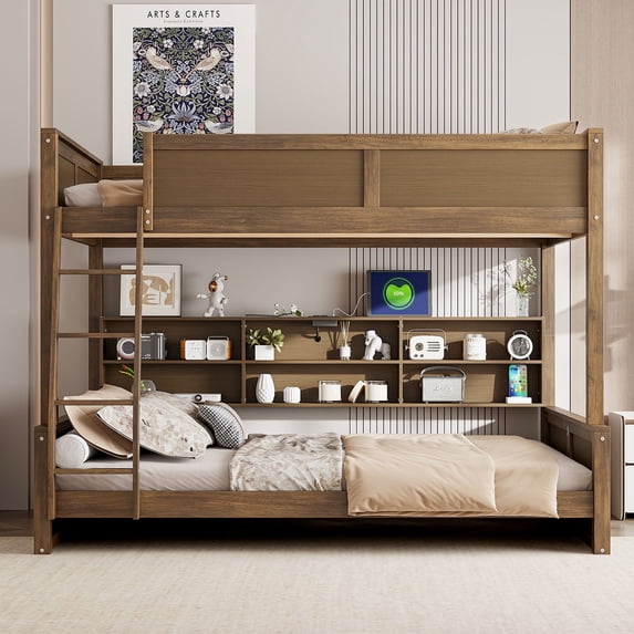 Bellemave Full XL Over Queen Size Bunk Bed, Wood Queen Bunk Beds with Charging Station and Bookcase Shelves Heavy Duty Floor Bunk Bed for Teens, Adults (Antique Wood)