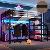 Bellemave Queen Size Loft Bed with Desk, Metal Loft Bed with Built-in Storage Shelves and Multifunctional Iron Nets, Loft Bed Queen with USB, LED, Loft Bed Queen Size for Teens Adults, Black