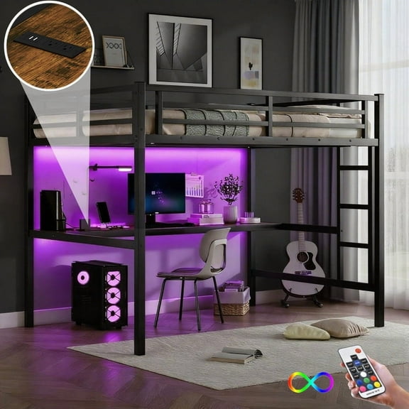 Bellemave Full Size Loft Bed with Desk, Metal Loft Bed with LED Lights & USB Charaging Station, High Loft Bed with Full-length Guardrails for Teens, Black