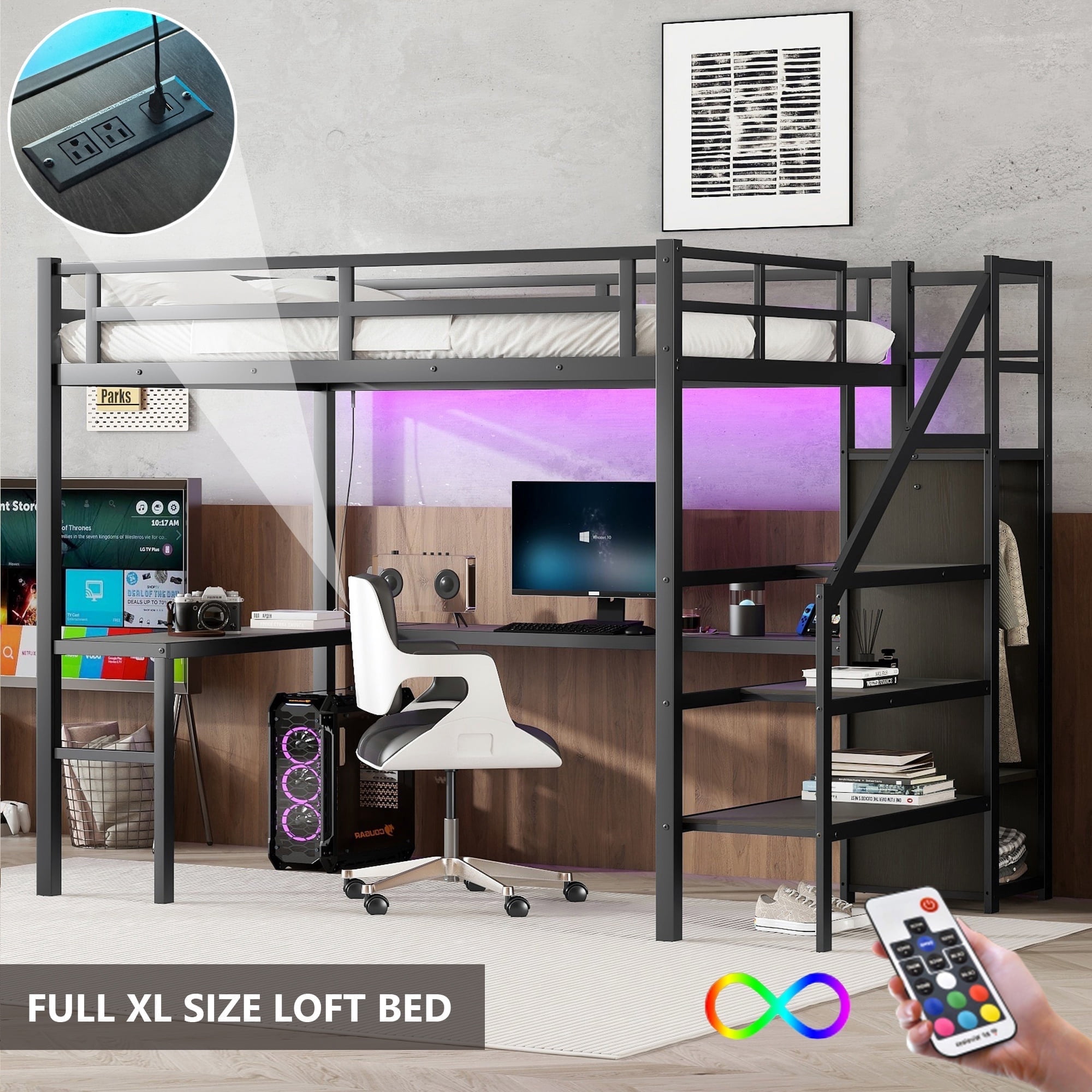 Bellemave Full XL Size Metal Loft Bed with L-shaped Desk and Storage ...