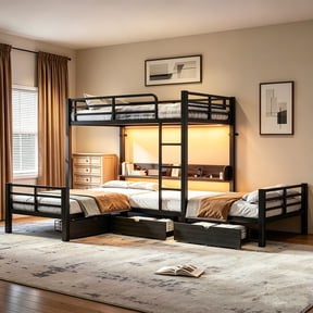 Bellemave Triple Bunk Bed with Storage and Charging Station, Metal Twin Over Twin/Twin Bunk Bed with LED Lights, USB Ports, 3 Drawers and Shelves for 3, No Box Spring Needed,Black
