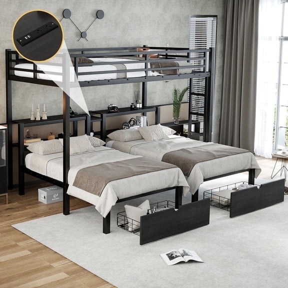 Bellemave Full XL Over Twin & Twin Triple Bunk Bed with USB, Metal Bunk Bed for 3 with Shelves in the Middle, Triple Beds Frame with Storage Drawers for Teens Adults-Black