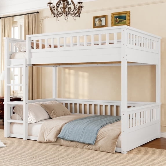 Bellemave Full over Full Bunk Bed, Pine Floor Bunk Beds with Inclined Ladder & Detachable Design, Space-Saving for Dorms & Small Rooms, White