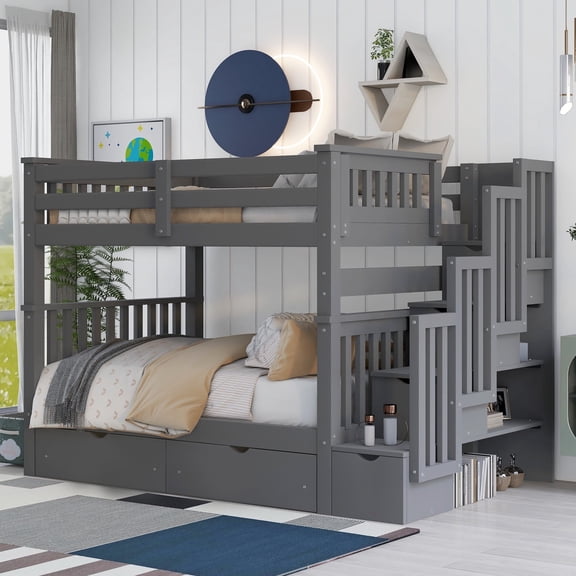 Bellemave Full over Full Bunk Bed With 6 Storage Drawers, Wooden Stairway Bunk Bed with Shelves for Teens, Adults, Convertible Bed Frame (Gray)