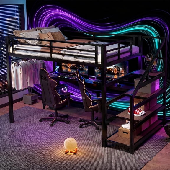 Bellemave Gaming Queen Size Loft Bed with Desk and Storage Stairs, Metal Loft Bed Queen Size with LED Light and USB Charging Station, High Loft Bed Frame with Iron Net for Teens Adults, Black