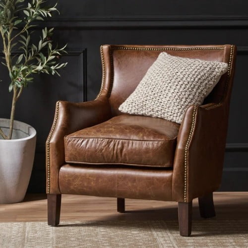 Bellemave Genuine Leather Accent Chair, Mid-Century Leather Armchair, Solid Wood Single Sofa, Classic Upholstered Chair for Living Room or Office, Brown