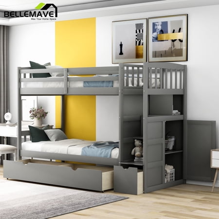 Bellemave Gray Convertible Twin over Twin/Full Stairway Bunk Bed with Drawers, Shelf and Cabinet for Bedroom, Twin over Twin Wood Bunk Bed with Convertible Bottom Bed