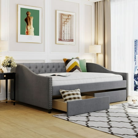 Bellemave Gray Fabric Upholstered Full Size Daybed with 2 Storage Drawers for Bedroom Living Room, Full Size Storage Wood Frame Daybed Sofa Bed with Support Slats