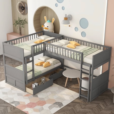Bellemave Gray L-shaped Triple Bunk Bed with Drawers for Bedroom, Wood Twin Size Bunk Bed Frame for 3 with a Loft Bed attached, Two Drawers and Ladders