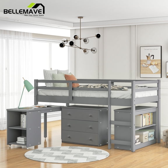 Bellemave Gray Twin Size Loft Bed with Rolling Portable Desk, Drawers and Bookshelves, Versatile Wood Frame Loft Bed with Desk and Storage for Bedroom