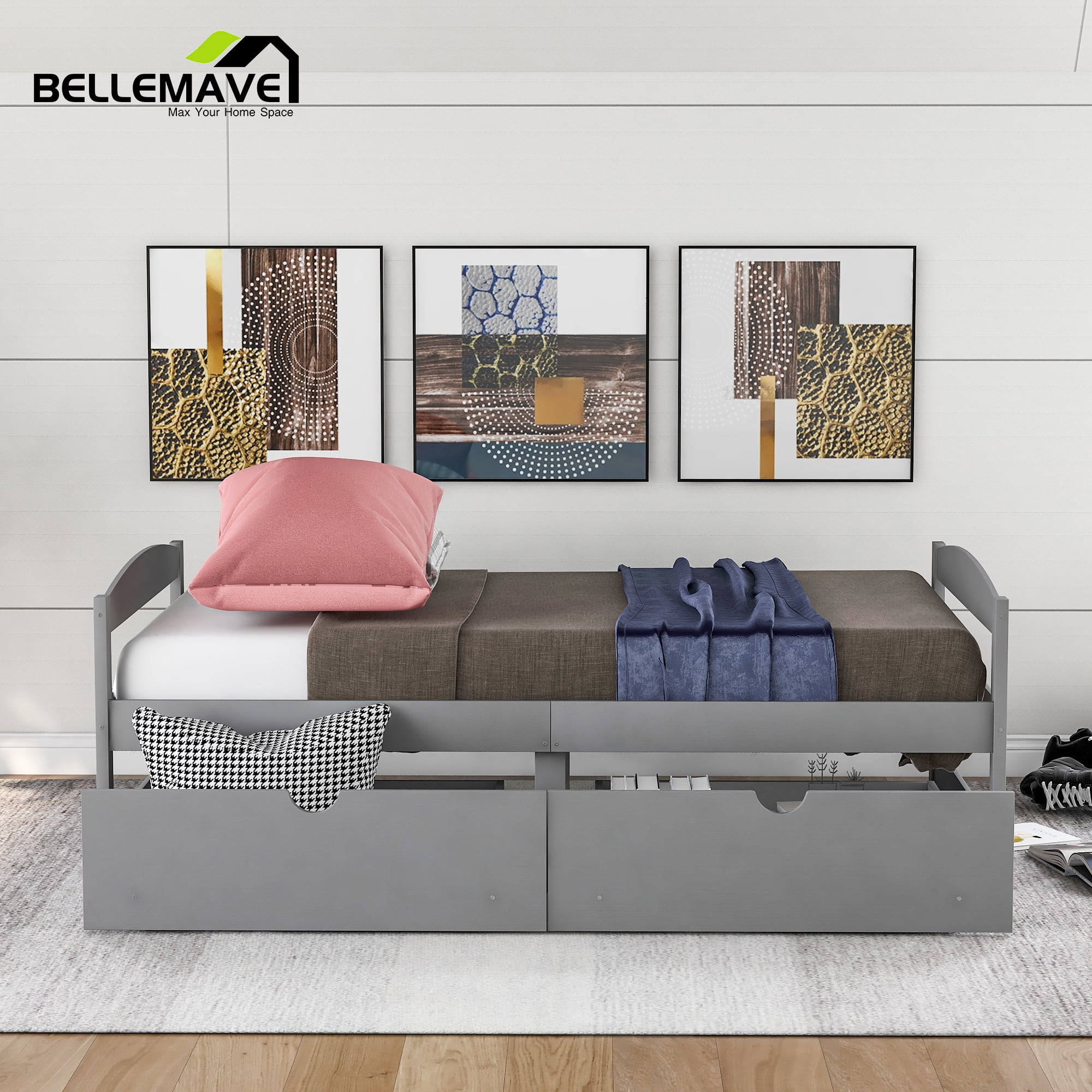 Twin Size Platform Bed with Two Drawers in Gray