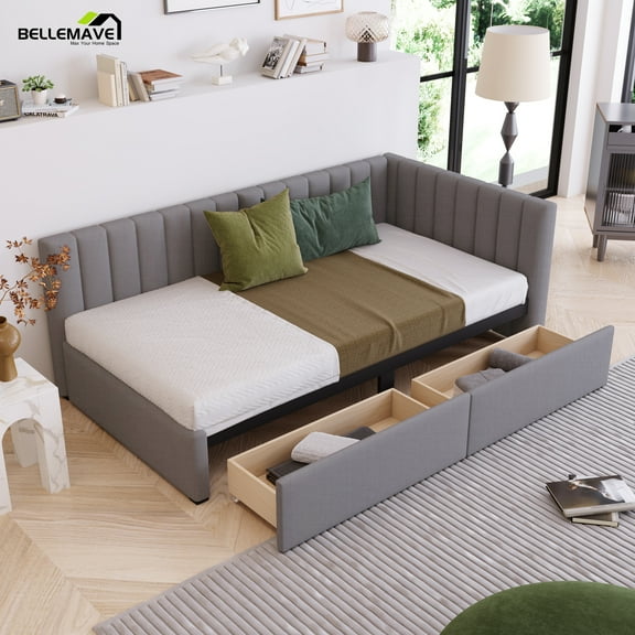 Bellemave Gray Upholstered Wood Twin Size Daybed with 2 Storage Drawers, Twin Size Linen Upholstery Daybed Sofa Bed Frame, No Box Spring Needed