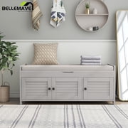 Bellemave Gray Wash Wood Storage Bench with 3 Shutter-shaped Doors, Entryway Shoe Bench with Removable Cushion and Shelves