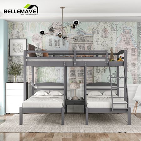 Bellemave Gray Wood Full over Twin & Twin 3 Bunk Bed, L-Shaped Triple Bunk Bed with Ladder and Middle Drawer
