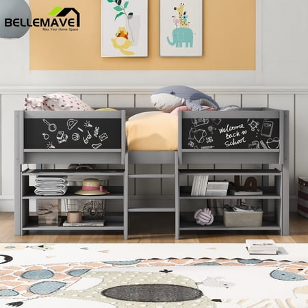 Bellemave Gray Wood Twin Size Kids Loft Bed with Movable Shelves and Guardrail Chalkboard, Low Wood Loft Bed for Kids