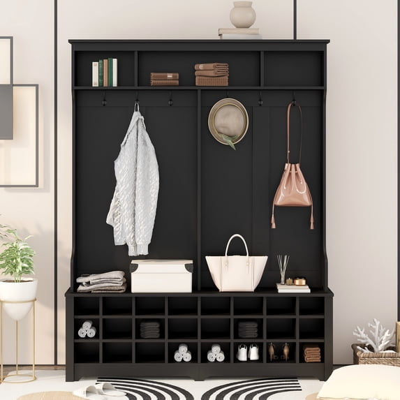 Bellemave Hall Tree with Storage and Hooks, Wooden 3-in-1 Entryway Hall Tree with Bench, Modern 60’’ Corner Foyer Entryway Organizer Clothes Rack (Black)