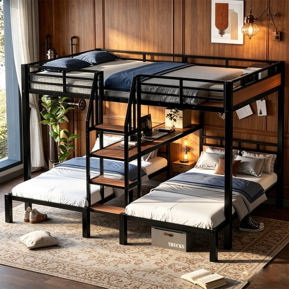 Bellemave Heavy-Duty Metal Triple Bunk Bed with Desk, Queen over Twin ...