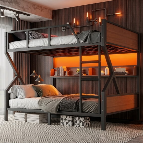 Bellemave Heavy Duty Queen Over Queen Metal Bunk Bed with LED Lights & Integrated Storage Shelves, Safety Guardrails, Angled Ladder & Metal Slats for Bedroom, Space-saving & Noise-free Design, Black