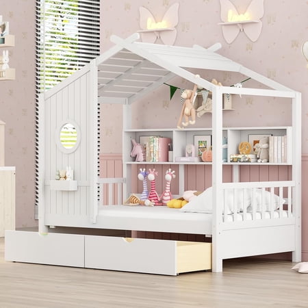 Bellemave House Bed with 2 Drawers and Storage Shelves, Wood Twin Size Montessori Bed Frame with Roof and Window, Playhouse Bed for Bedroom (White)