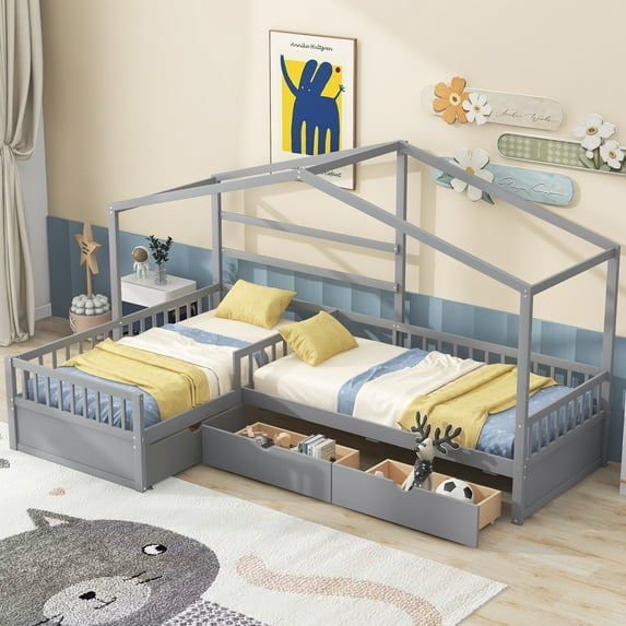 Bellemave House Bed Double Twin Beds, Wood L-Shape Twin Bed with 3 Storage Drawers, Montessori Bed with Roof and Fencefor Toddler Kids Girls Boys (Gray)