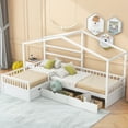thumbnail image 1 of Bellemave House Bed Double Twin Beds, Wood L-Shape Twin Bed with 3 Storage Drawers, Montessori Bed with Roof and Fencefor Toddler Kids Girls Boys (White), 1 of 8