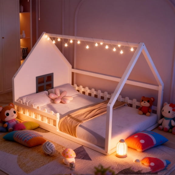 Bellemave House Bed Full Size Floor Bed with Fence Railings and Window, Wooden Montessori Floor Bed,Full Size Bed Frame,White