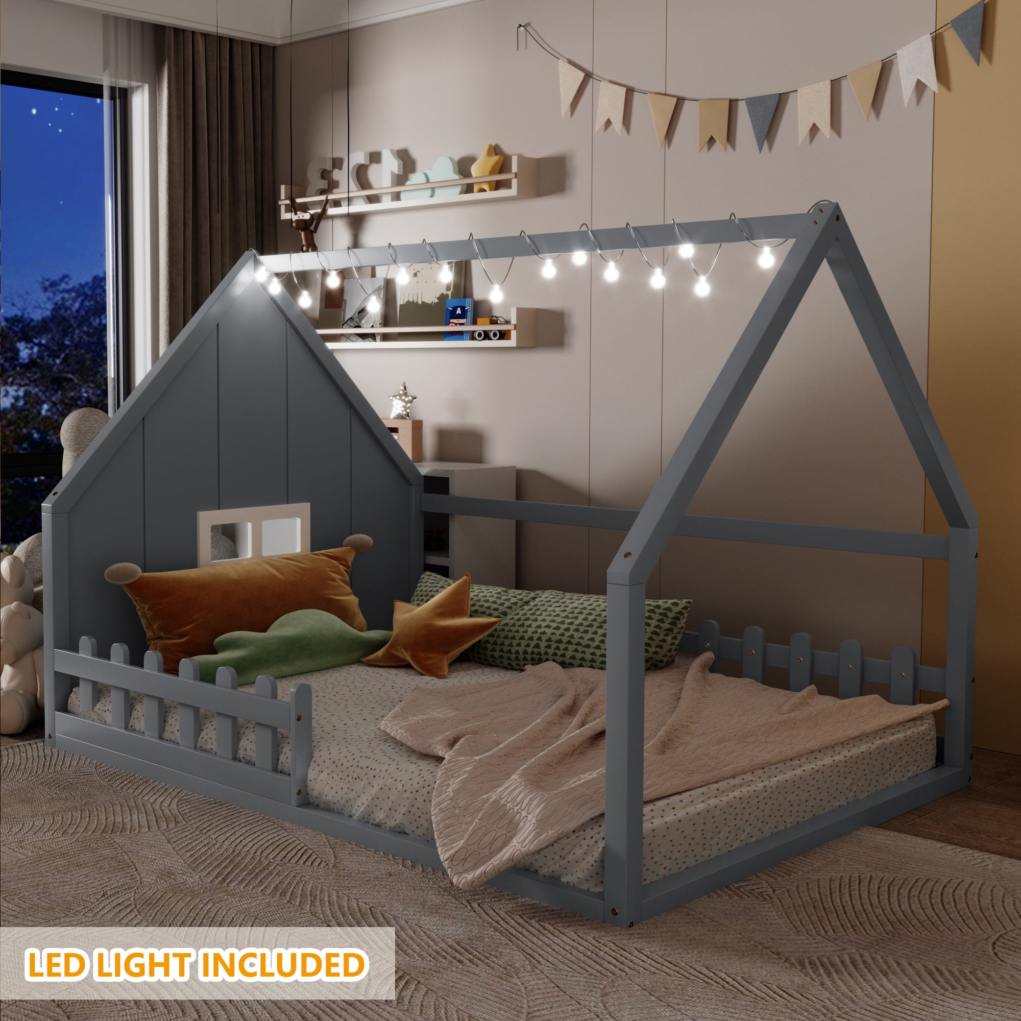 Bellemave House Bed with LED Lights Full Size Floor Bed with Fence Railings and Window, Wooden Montessori Floor Bed, Full Size Bed Frame, Gray with Light