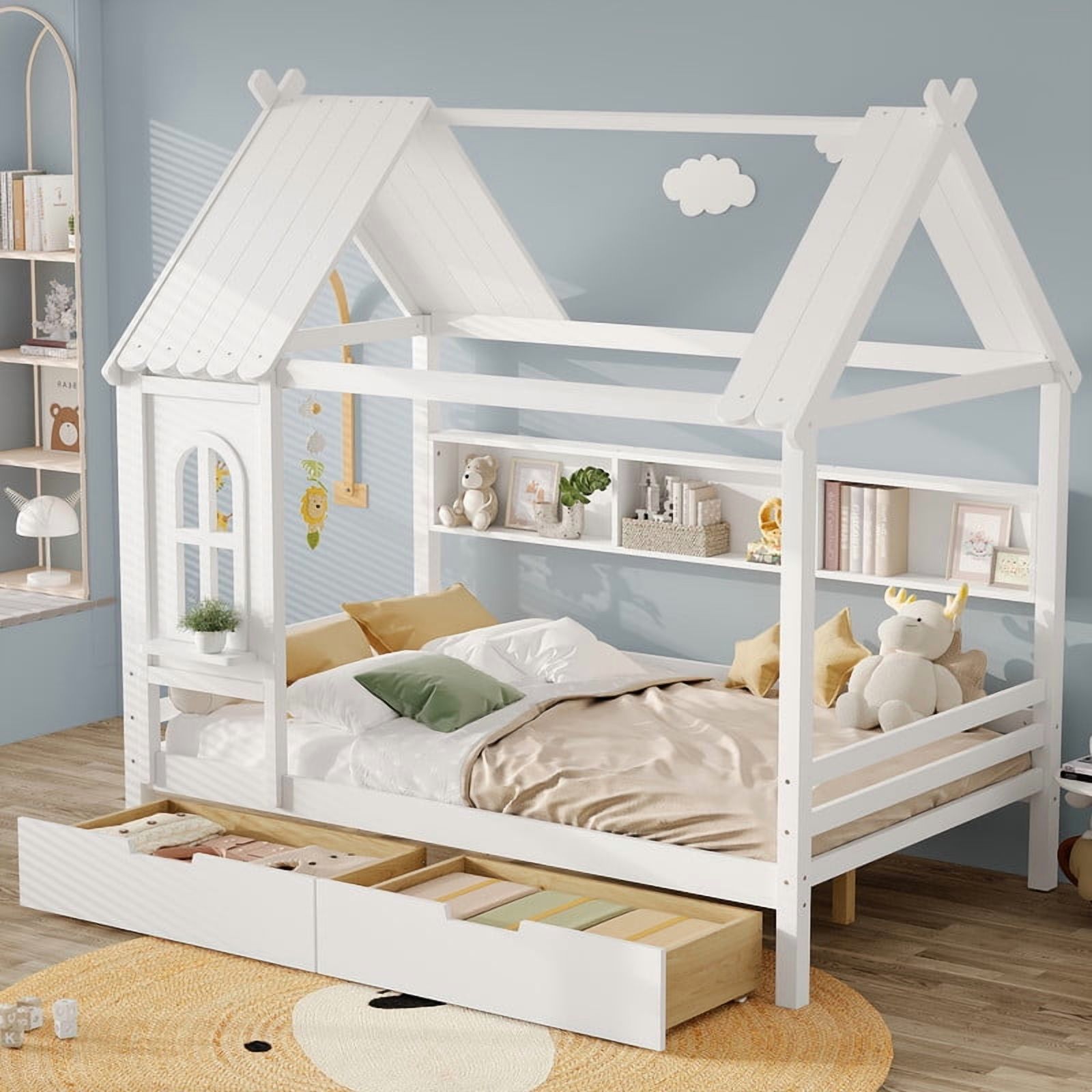 Bellemave Full Size House Bed with Storage Drawers, Wooden Montessori Bed with Shelves and Fence Rails, Full Bed Frame with Window for Bedroom, No Box Spring Needed,White