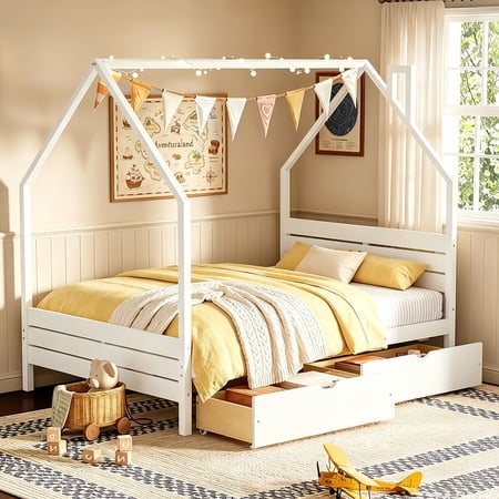 Bellemave Full Size Montessori Bed with Storage Drawers, Wooden House Bed with Headboard, Full Platform Bed Frame with Roof for Kids, No Box Spring Needed, White