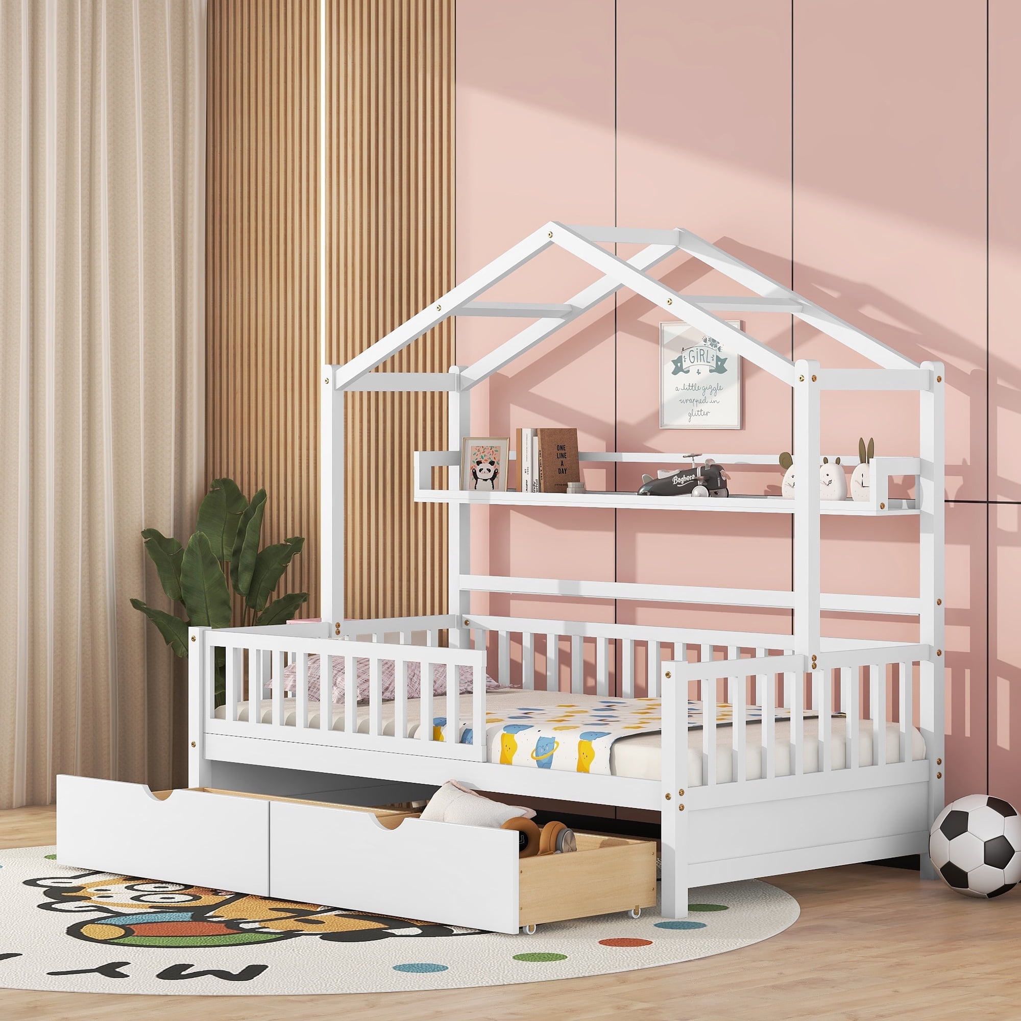White Twin Pine House Bed with Storage Drawers and Shelf
