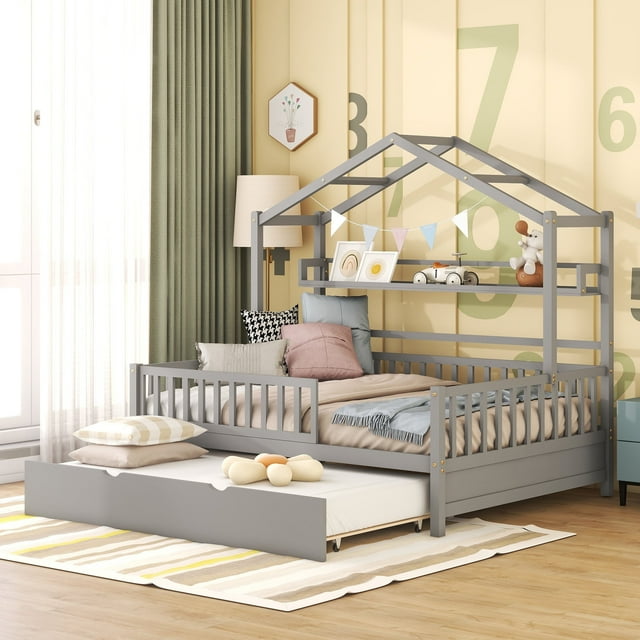 Bellemave House Bed with Trundle, Wood Montessori Bed with Storage ...