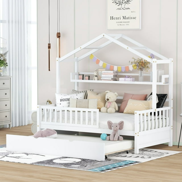 Bellemave House Bed with Trundle, Wood Montessori Bed with Storage