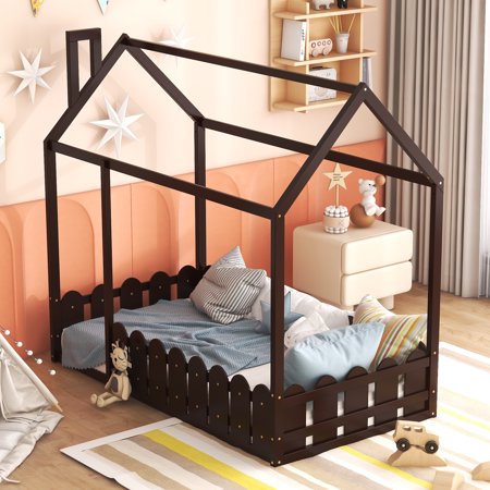 Bellemave House Bed Twin Bed Frame with Fence and Roof, Wood Floor Bed Frame for Bedroom, Montessori Bed, Espresso