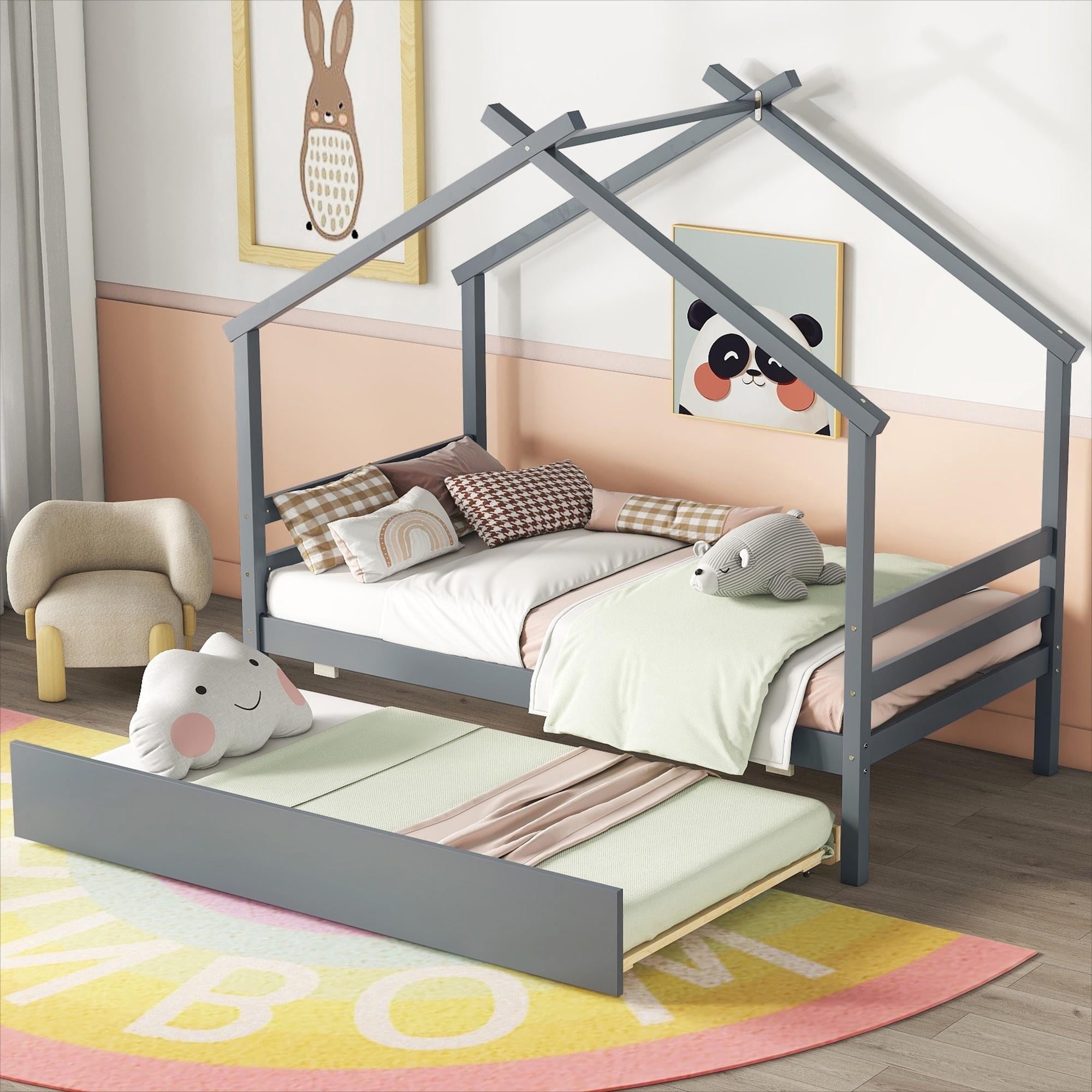 Bellemave House Bed with Trundle, Solid Wood Twin Size Playhouse Platform Bed with Roof, House Shaped Daybed for Teens (Gray)
