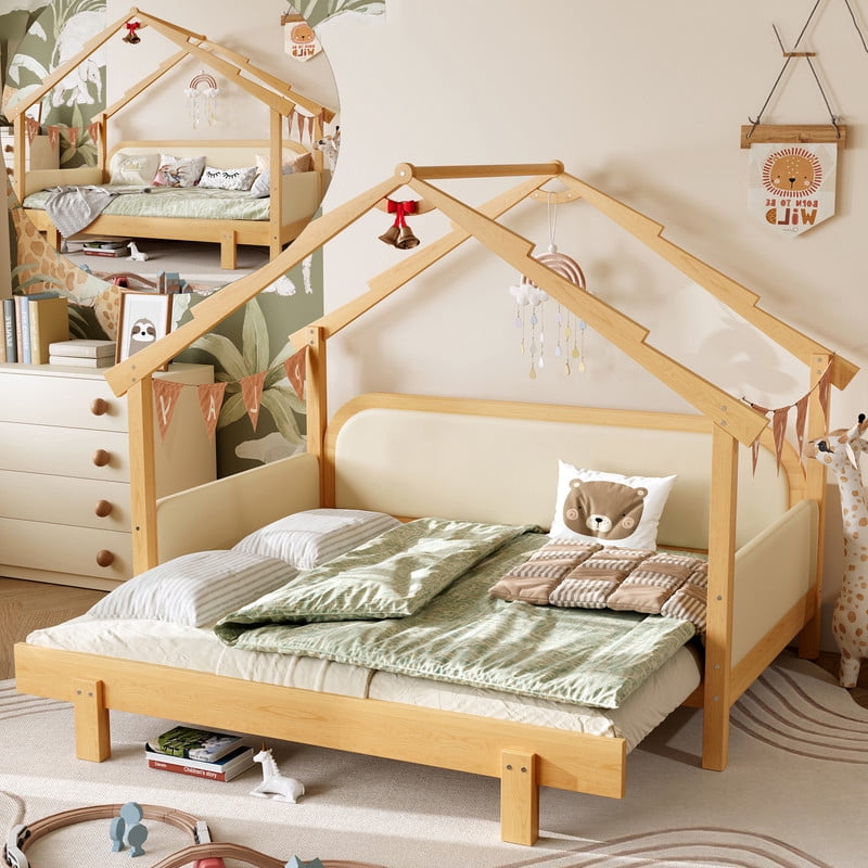 Bellemave Extendable Montessori House Bed, Wood Twin to King Daybed with Soft Cushion Rails, Double Twin Beds with Roof-Shaped, No Box Spring Needed (Natural+Beige)