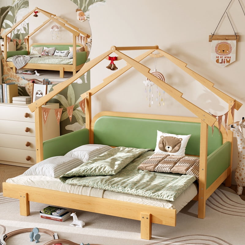 Bellemave Extendable Montessori House Bed, Wood Twin to King Daybed with Soft Cushion Rails, Double Twin Beds with Roof-Shaped, No Box Spring Needed (Natural+Green)