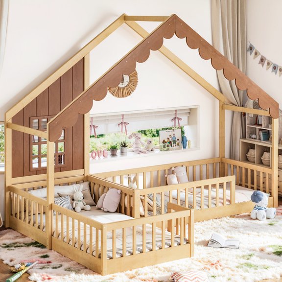 Bellemave Double Twin Montessori Bed, Wood L-Shape Floor Beds with Guardrails and Roof, House Bed Frame with Slats, No Box Spring Needed,Natural
