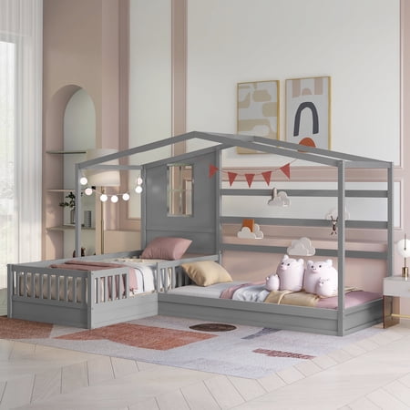 Bellemave House Beds for 2, Wood L-Shape Twin Bed Frame with Roof and Fence Railings, Double Twin Size Montessori Bed Frame No Box Spring Needed (Grey)