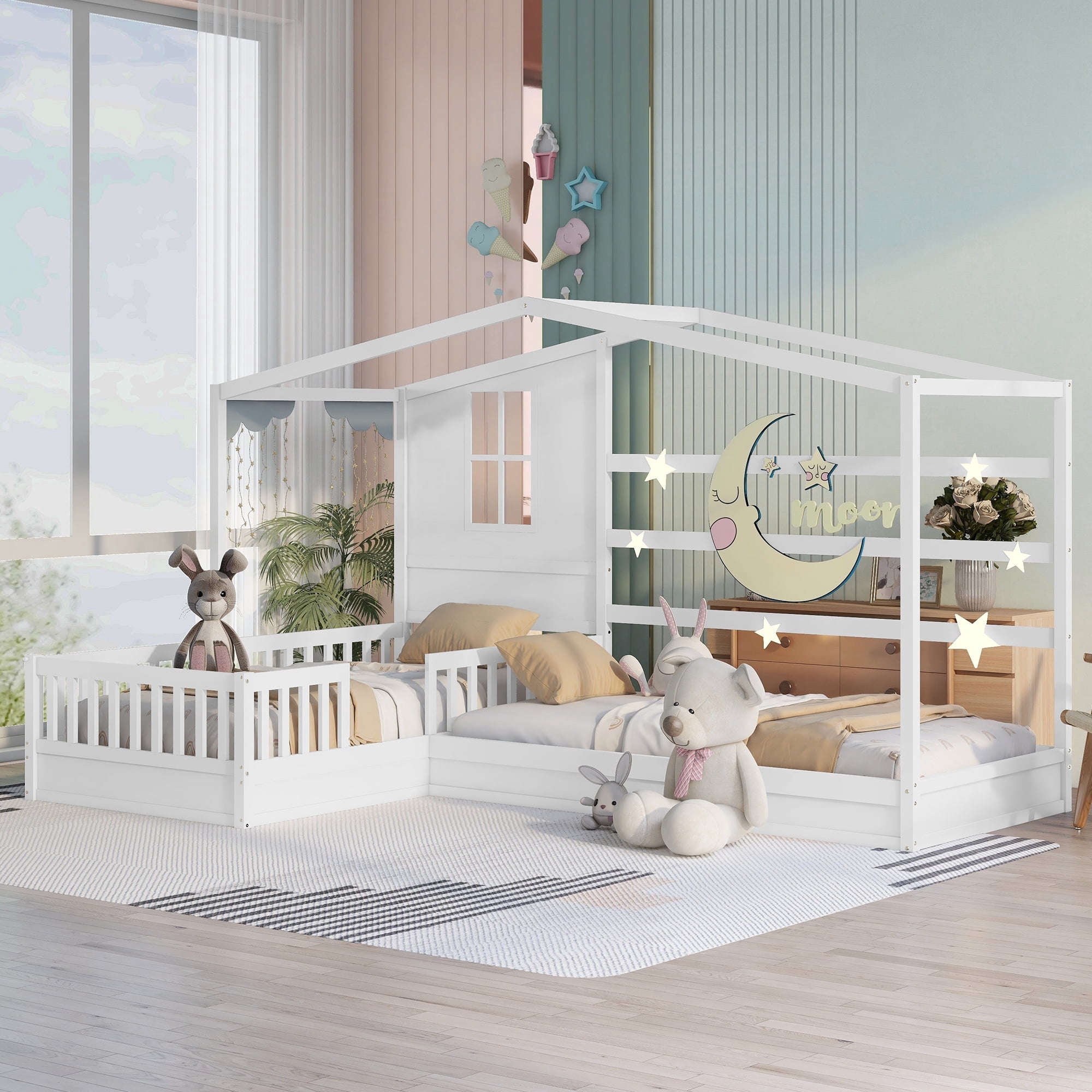 Bellemave House Beds for 2 , Wood L-Shape Twin Bed Frame with Roof and Fence Railings, Double Twin Size Montessori Bed Frame No Box Spring Needed (White)