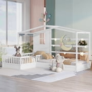 Bellemave House Beds for 2 , Wood L-Shape Twin Bed Frame with Roof and Fence Railings, Double Twin Size Montessori Bed Frame No Box Spring Needed (White)