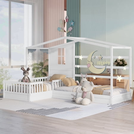 Bellemave House Beds for 2 , Wood L-Shape Twin Bed Frame with Roof and Fence Railings, Double Twin Size Montessori Bed Frame No Box Spring Needed (White)