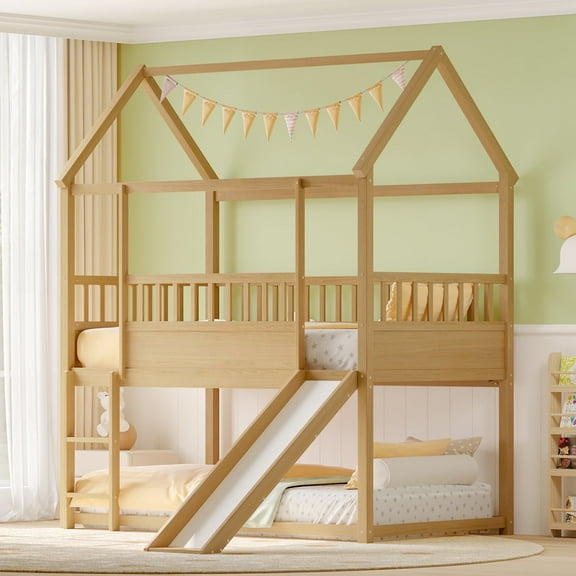 Bellemave House Bunk Bed with Convertible Slide and Ladder Twin over Twin Low Bunk Bed Frame Floor Bunk Bed with High Guardrails(Natural)