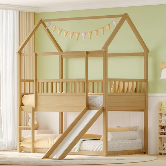 Bellemave House Bunk Bed with Convertible Slide and Ladder Twin over Twin Low Bunk Bed Frame Floor Bunk Bed with High Guardrails(Natural)