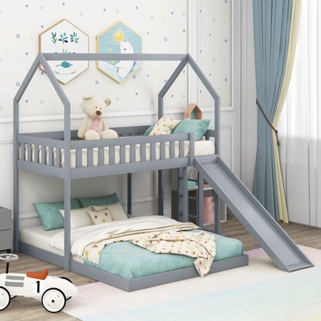 Bellemave House Bunk Bed for Kids, Twin Over Full House-Shaped Bunk Beds with Slide Wood Floor Bunk Bed with Ladder and Guardrails Convertible into Loft Bed and Floor Bed, Gray