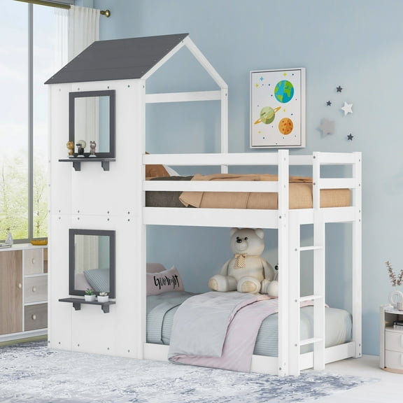 Bellemave House Bunk Bed, Wood Twin Over Twin Bunk Bed with Roof, Floor Bunk Bed with Ladder for Teen, No Box Spring Needed (Grey+White)