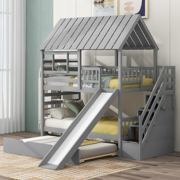 Bellemave House Bunk Bed with Trundle and Slide, Wood Twin Over Twin Bunk Beds with Storage Staircase, House Bunk Bed with Roof and Window Design for Teen(Gray)