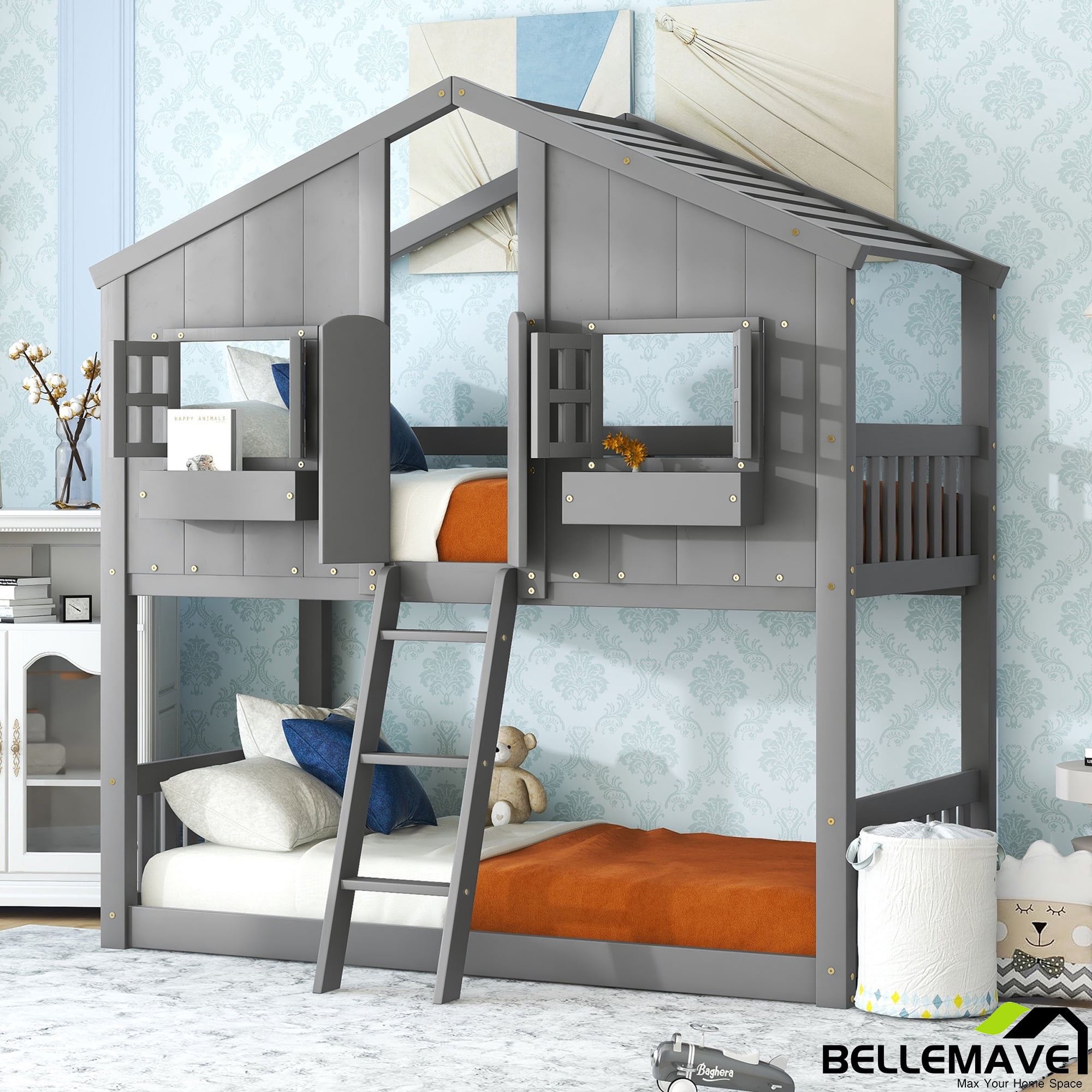 Bellemave House Bunk Bed Twin Over Twin for Kids,Wood Floor Bunk Bed ...