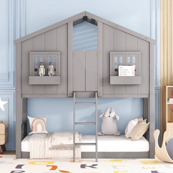 Bellemave House Bunk Bed Twin Over Twin, Wood Floor Bunk Bed Frame with Roof, Window Box & Small Door for Bedroom,Gray