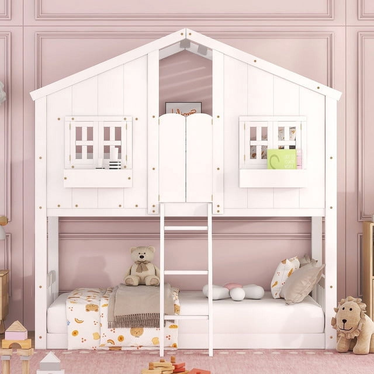 Bellemave House Bunk Bed for Kids, Twin Over Twin, Wood Frame with Play ...