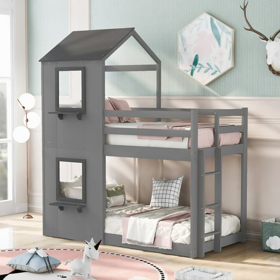 Bellemave House Bunk Bed for Kids, Wood Twin Over Twin Bunk Bed with Roof, Floor Bunk Bed with Ladder for Girls Boys, No Box Spring Needed (Grey)